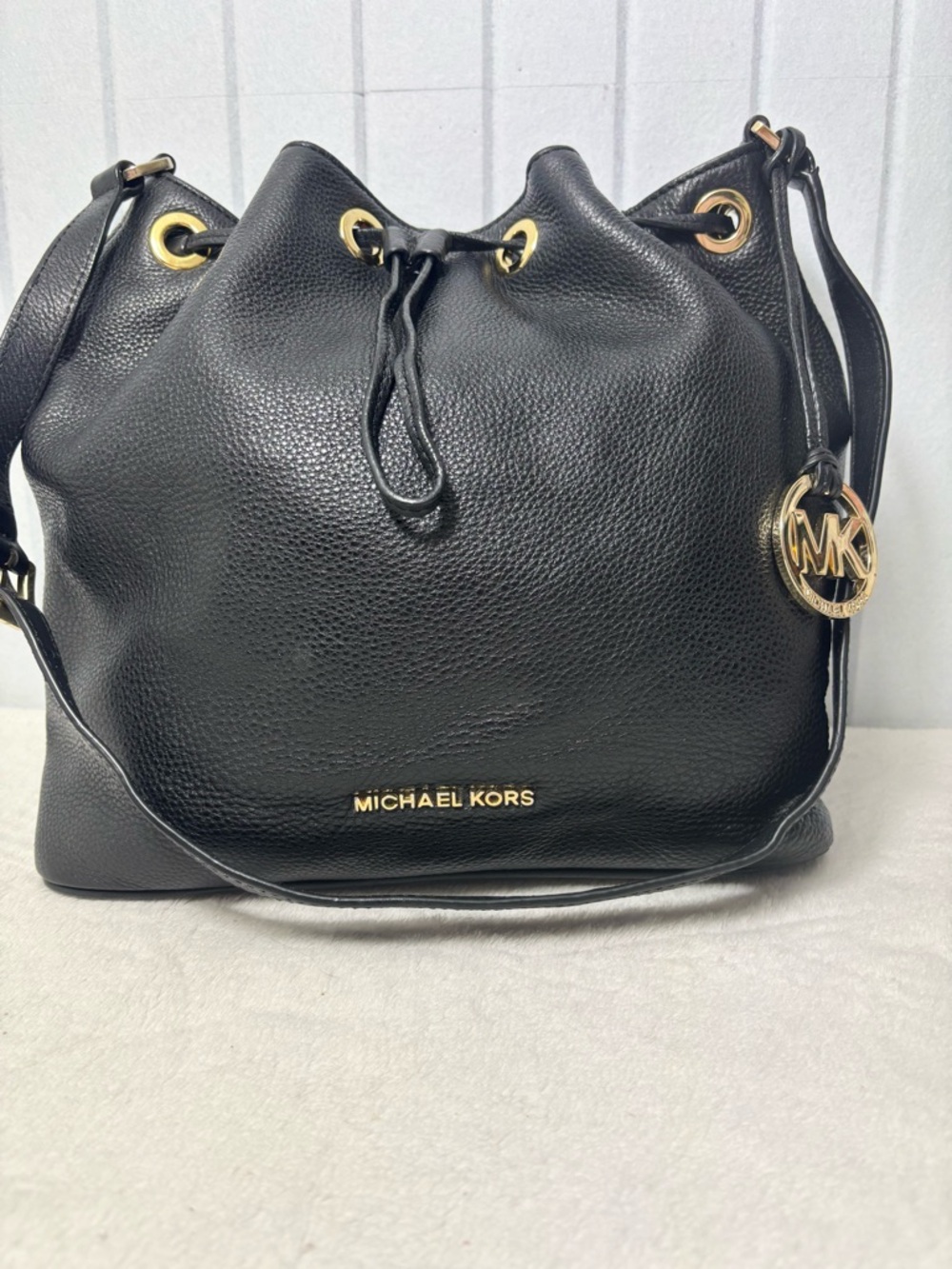 Michael Kors  Black Pebbled Leather Drawstring Hobo with Gold Hardware